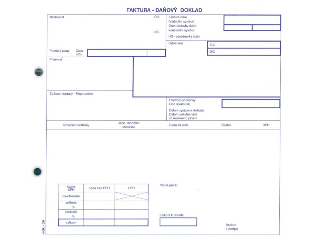 Faktura 2/3 A4 s rozpisem DPH MSK 39, propisovací