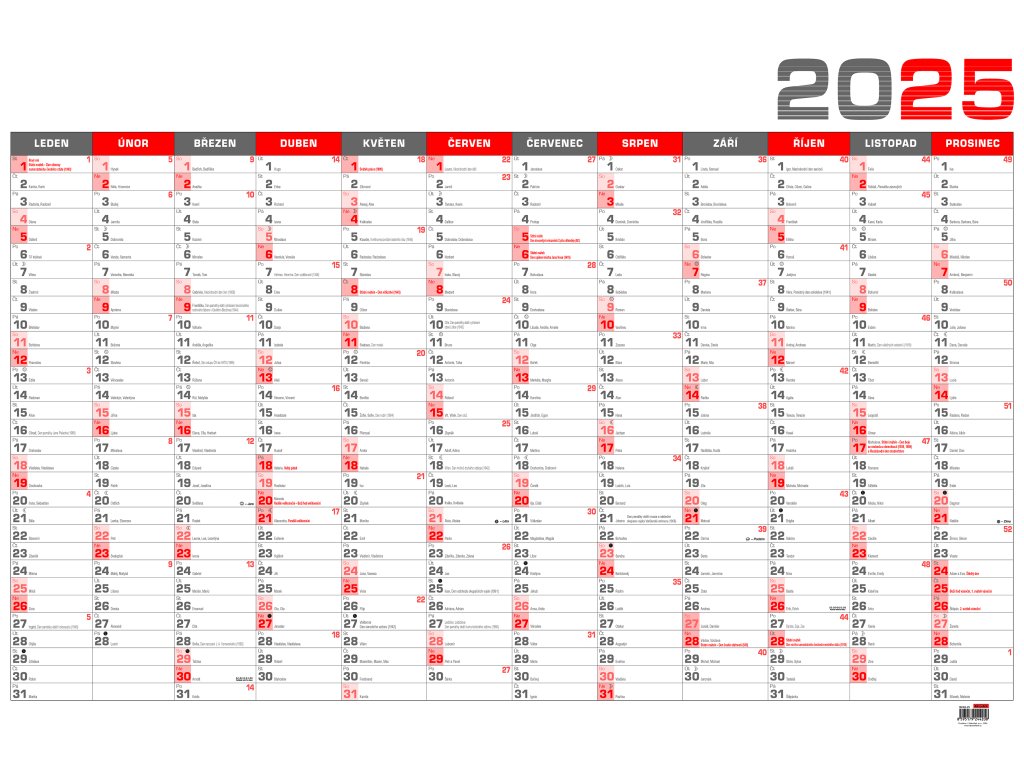 Kalendář 2025 nástěnný roční plánovací BKA5 - červený