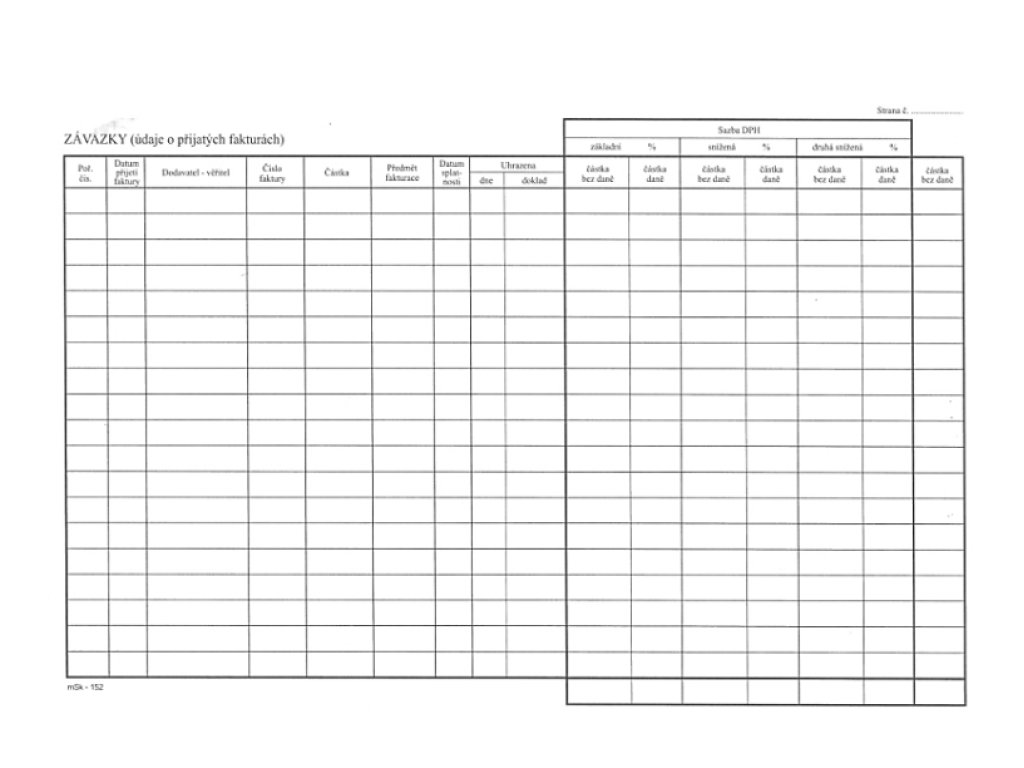 Kniha došlých faktur MSK 152