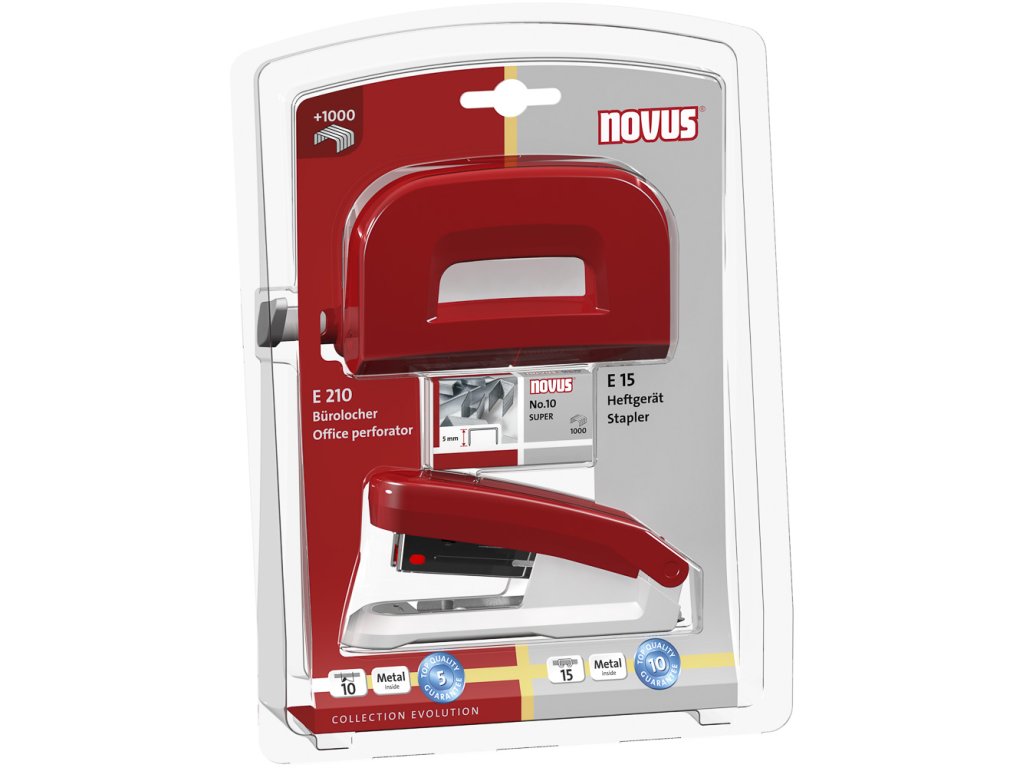Novus Twinset: sešív. E 15 / děrovačka E 210, 15/10 listů, blistr, červený