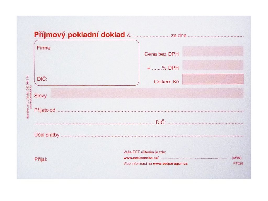 Příjmový pokladní doklad PT 020