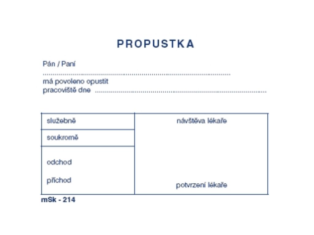 Propustka MSK 214, 100 listů