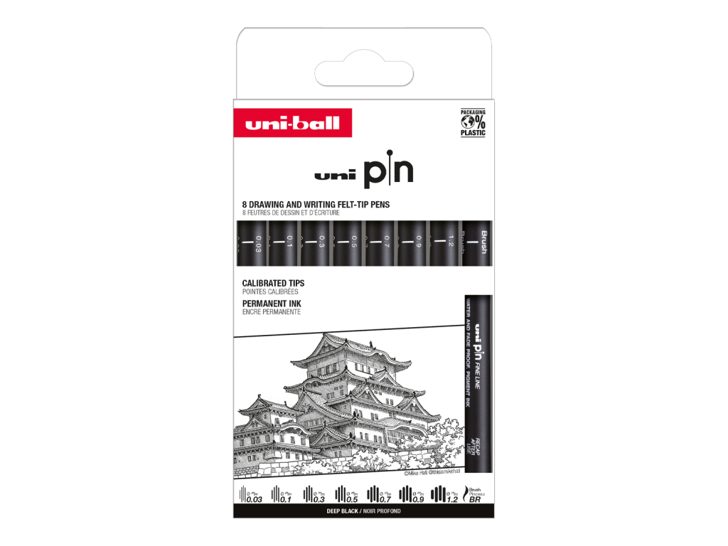 UNI PIN Classic, 8 ks, (0,03 mm/ 0,1 mm/ 0,3 mm/ 0,5 mm/ 0,7 mm/ 0,9 mm/ 1,2 mm/ BR), černá