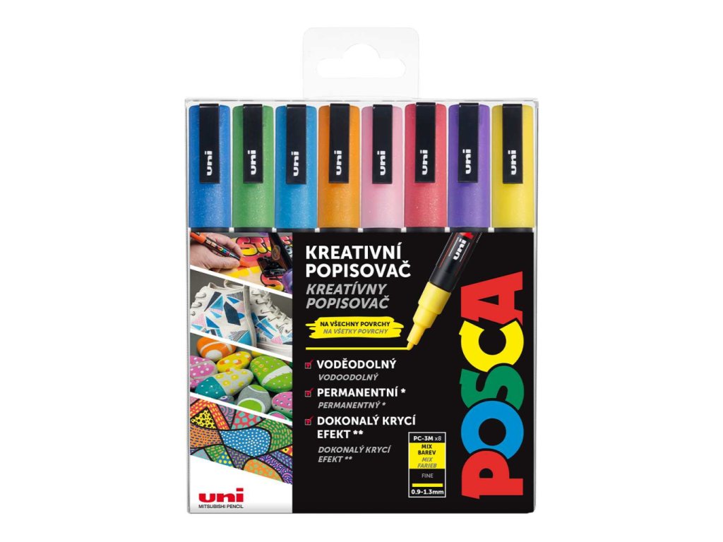 Uni Posca PC-3M sada popisovačů Posca, 8 ks, 0,9-1,3 mm, mix třpytivých barev