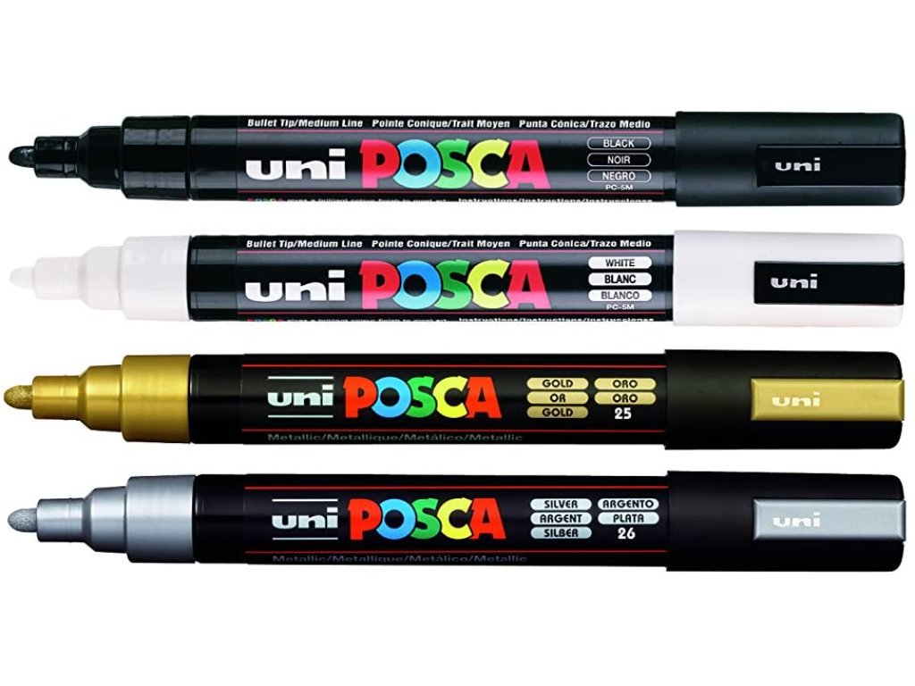 Uni Posca PC-5M sada popisovačů Posca, 4 ks, 2,5 mm, černá, bílá, zlatá, stříbrná