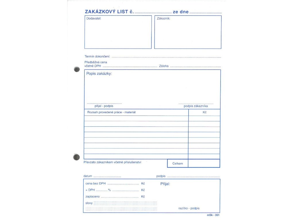 Zakázkový list A5 MSK 351, propisovací