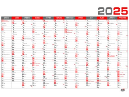 Kalendář 2025 nástěnný roční plánovací BKA5 - červený