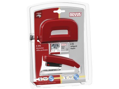 Novus Twinset: sešív. E 15 / děrovačka E 210, 15/10 listů, blistr, červený