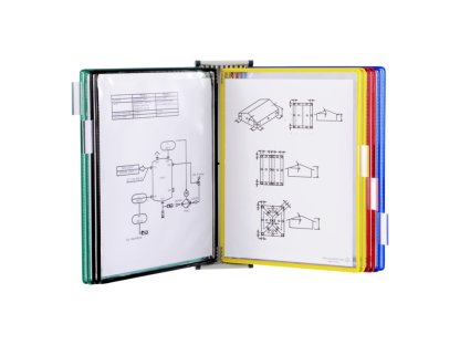 Tarifold nástěnný kovový držák s rámečky, 10 rámečků s kapsami A4 na výšku