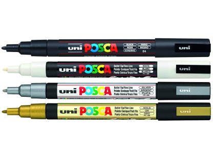 Uni Posca PC-3M sada popisovačů Posca, 4 ks, 0,9-1,3 mm, černá, bílá, zlatá, stříbrná