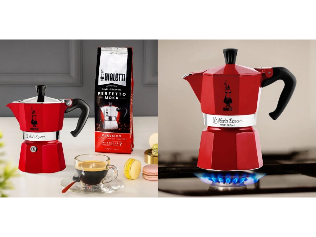 Bialetti Set Moka Express 3 porce červená + 3 červené šálky