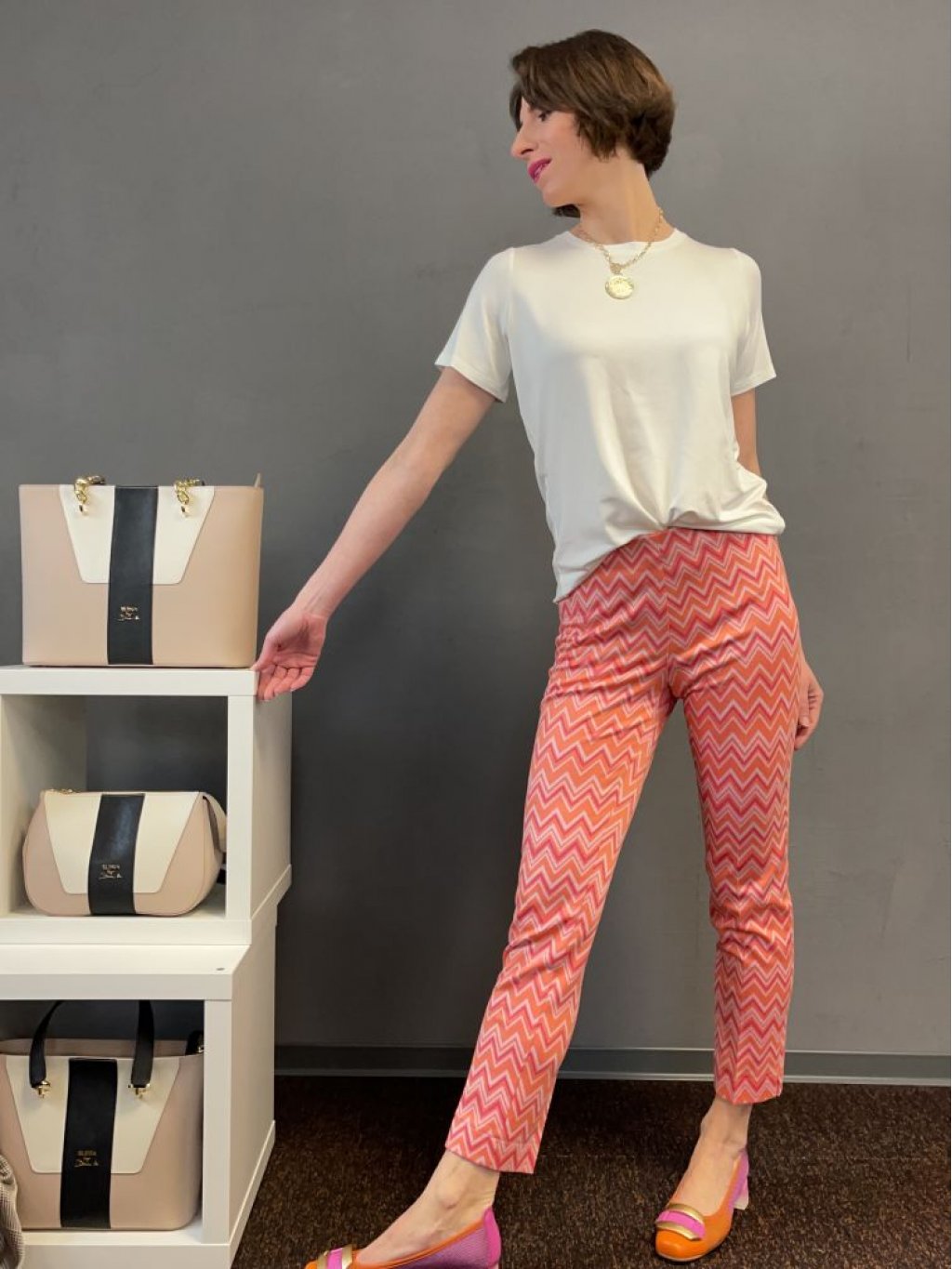 Kalhoty Atelier Gardeur Zene papájovo růžové zig zag cigaretové
