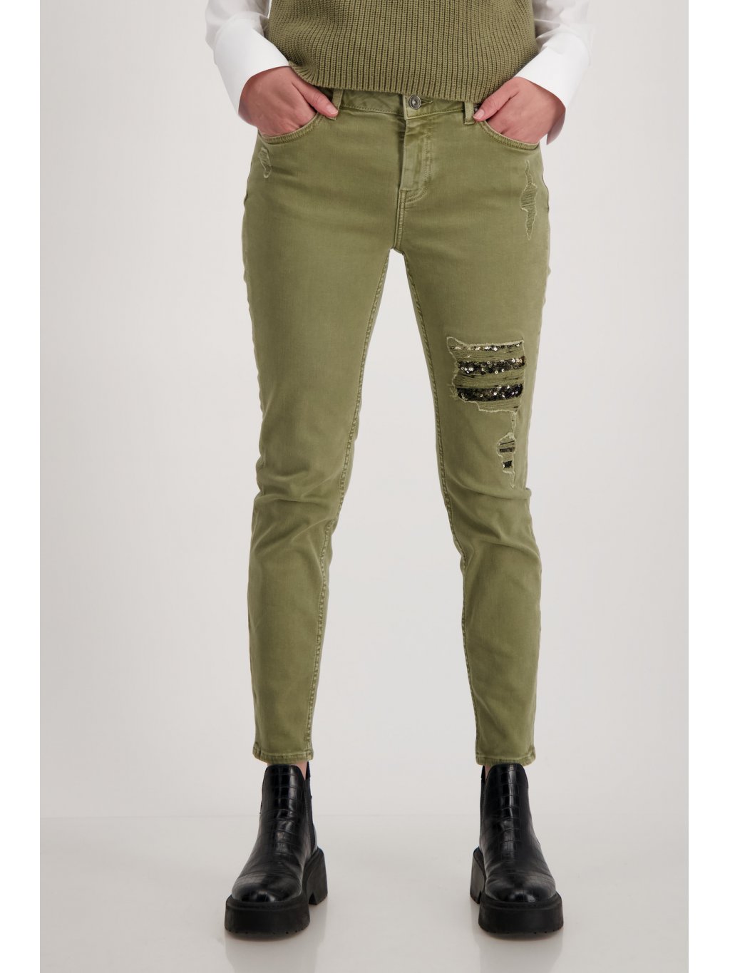 Kalhoty Monari 6132 zelené džíny s efekty