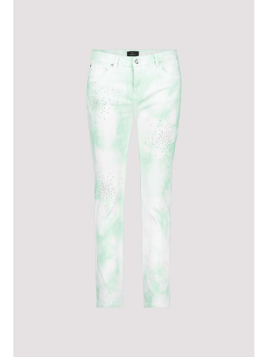 Kalhoty Monari 7834 bílé batikované džíny se zelenkavou a kamínky