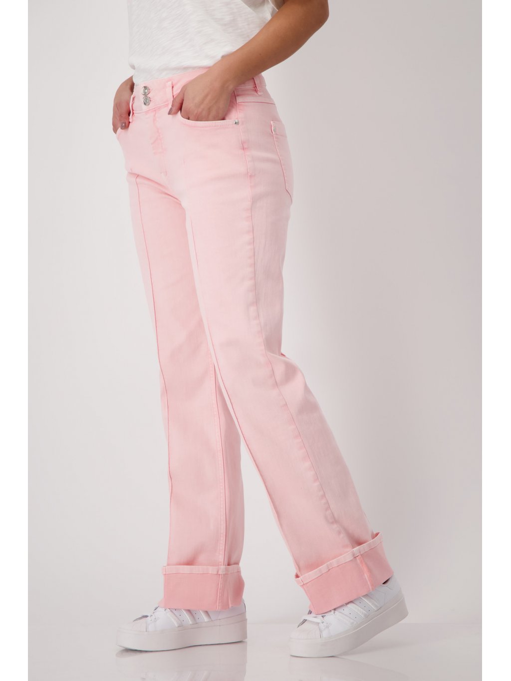 Kalhoty Monari 8314 růžové širokého střihu s manžetami 
