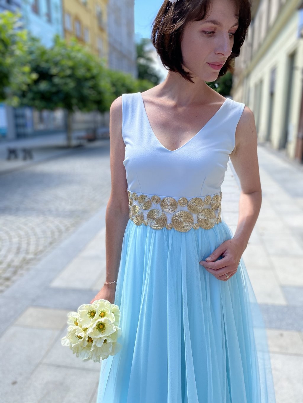 Šaty Marselini světlé modré tylové dlouhé