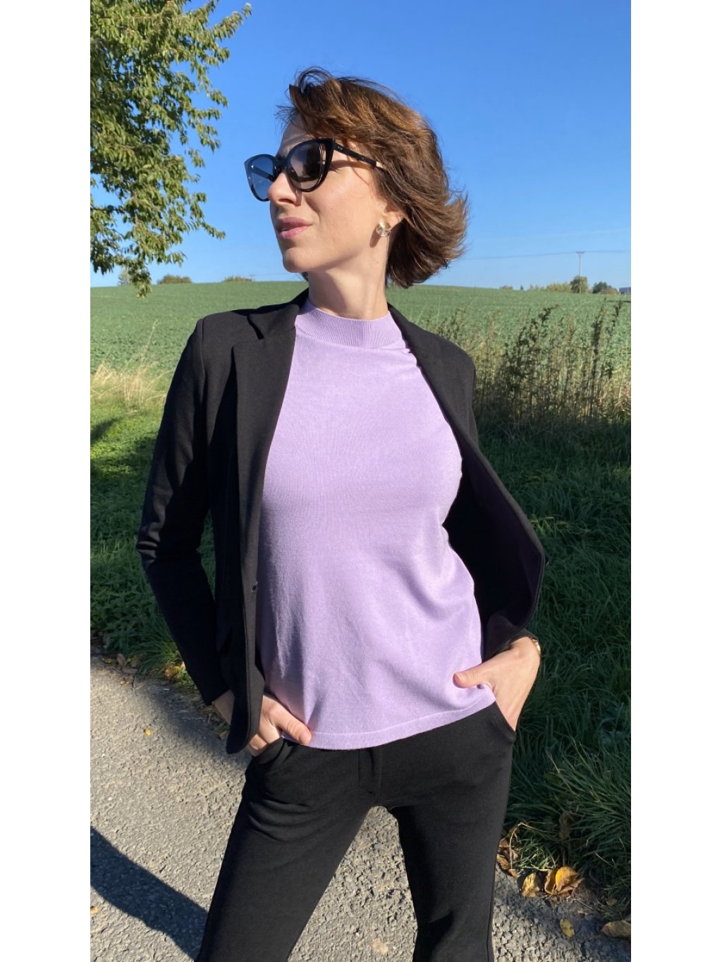 Svetr Kyra Flynn fialový se stojákem a krátkým rukávem