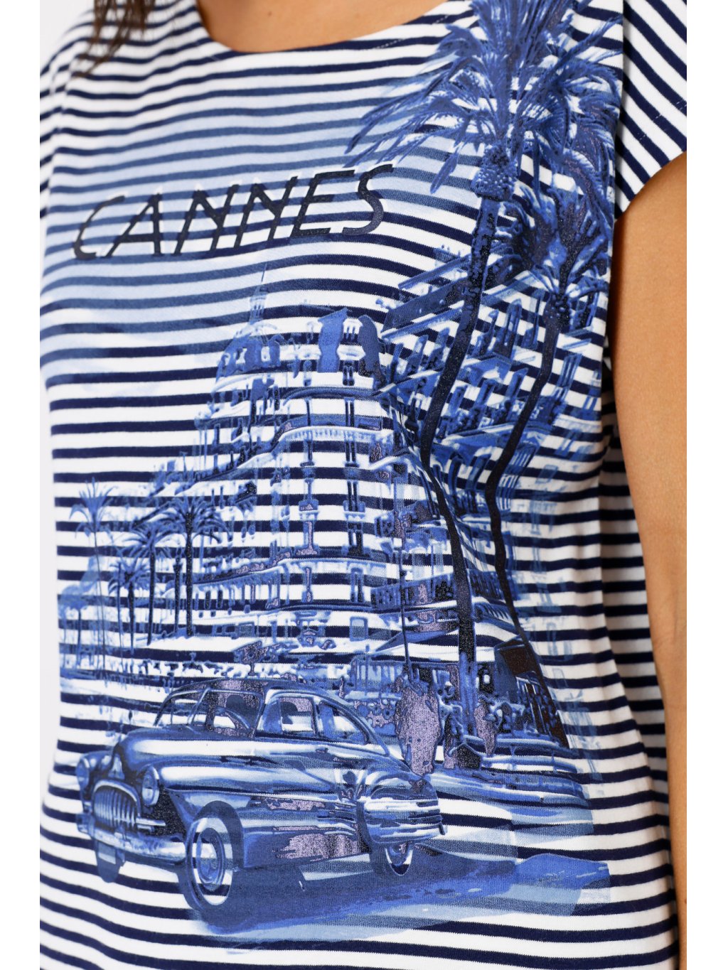 Tričko Monari 0022 modro bílé pruhované s grafikou Cannes