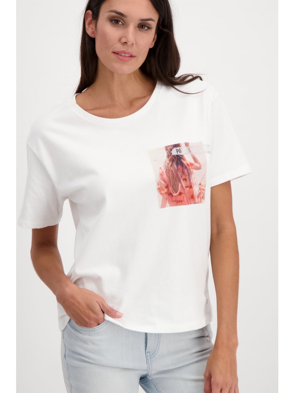 Tričko Monari 7117 krémové s grafikou v lososově růžové