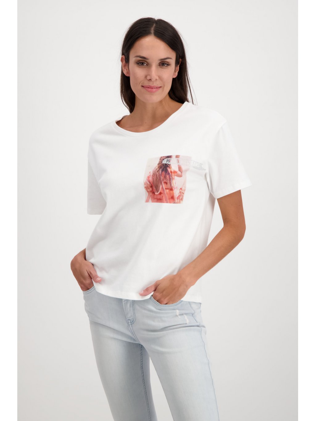 Tričko Monari 7117 krémové s grafikou v lososově růžové