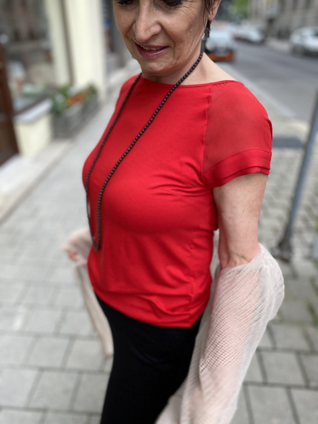 Triko Top Bis Libuše červené s šifónovým rukávem