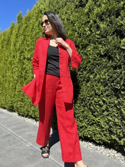 Kalhoty Kyra Lucia červené lněné zkrácená délka