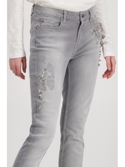 Kalhoty Monari 6419 šedé džíny s aplikacemi