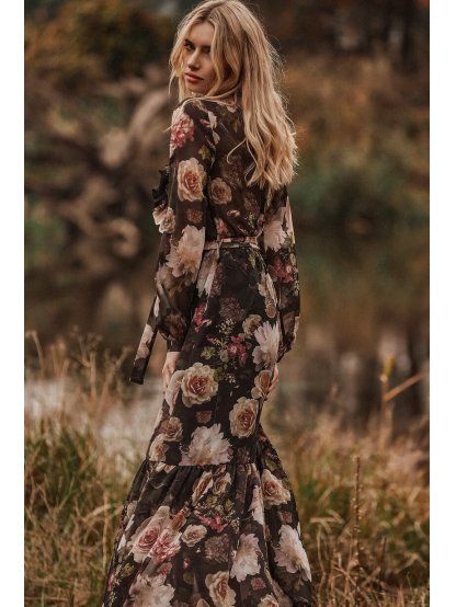 Šaty Tova Cyganeria tmavé s květy dlouhé