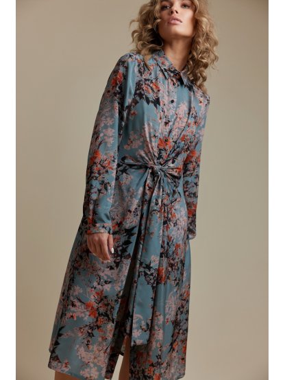 Šaty Tova Pavia šedo-modré hedvábné s květy