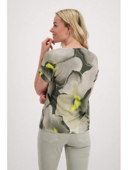 Tričko Monari 7463 khaki zelenošedé s květy s lehkou žlutou