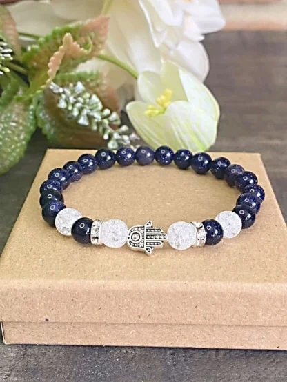 Hamsa náramek z minerálů AVANTURIN blue, KŘIŠŤÁL praskaný