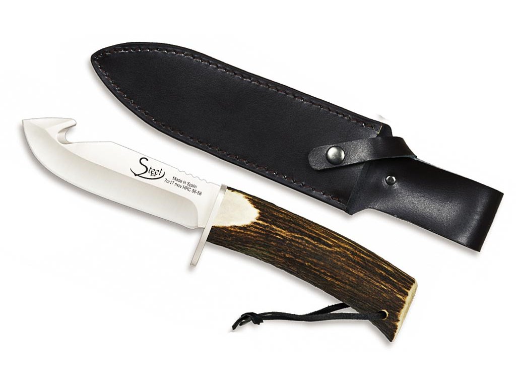 Lovecký nůž s párákem délka čepele 10 cm, rukojeť pravý paroh