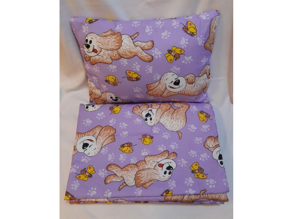 Dětský set do postýlky - přikrývka ( 135x90cm ) a polštář ( 65x45cm) Pejsek, fialový 2V1-FP