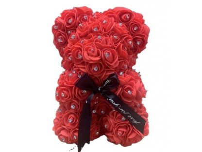 Medvídek z růží s kamínky v dárkové krabičce s mašlí, 25cm, Valentýn, různé barvy ROSE-25