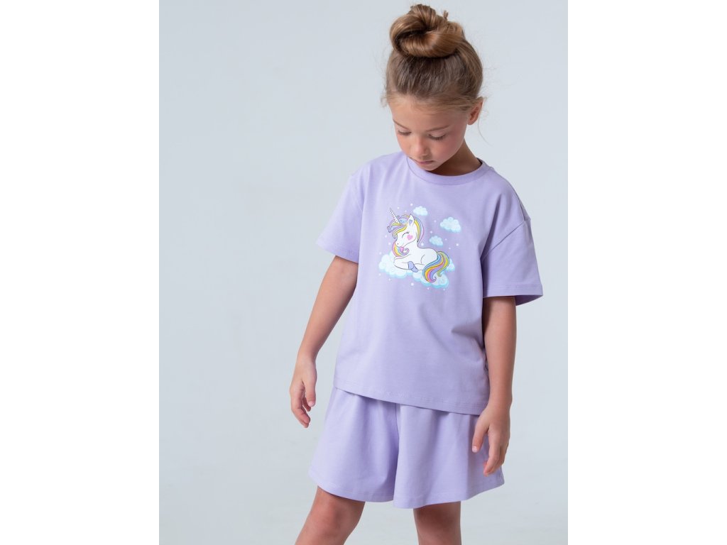 Dívčí pyžamo Unicorn, krátké kalhoty, krátký rukáv - šeříková
