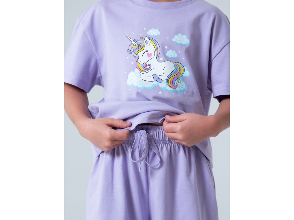 Dívčí pyžamo Unicorn, krátké kalhoty, krátký rukáv - šeříková