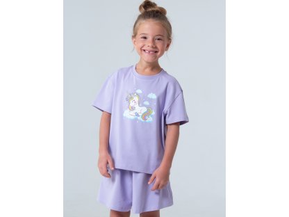 Dívčí pyžamo Unicorn, krátké kalhoty, krátký rukáv - šeříková