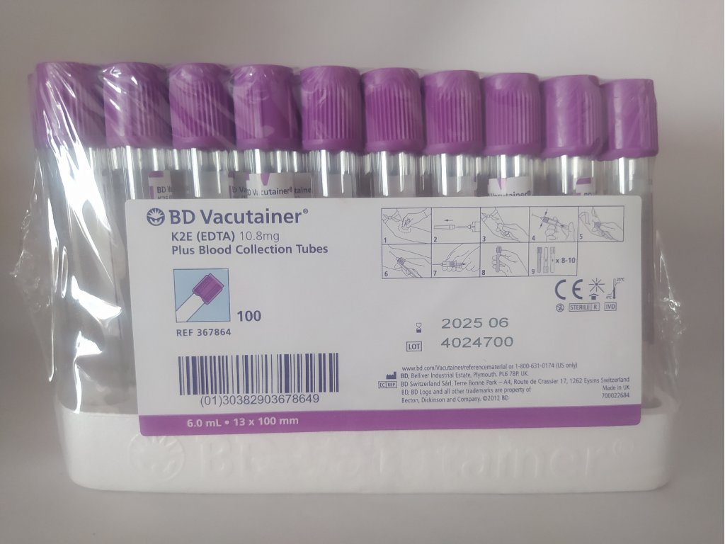 Vacutainer zkumavka na krevní obraz 6 ml K2EDTA - levandulový uzávěr /100 ks/