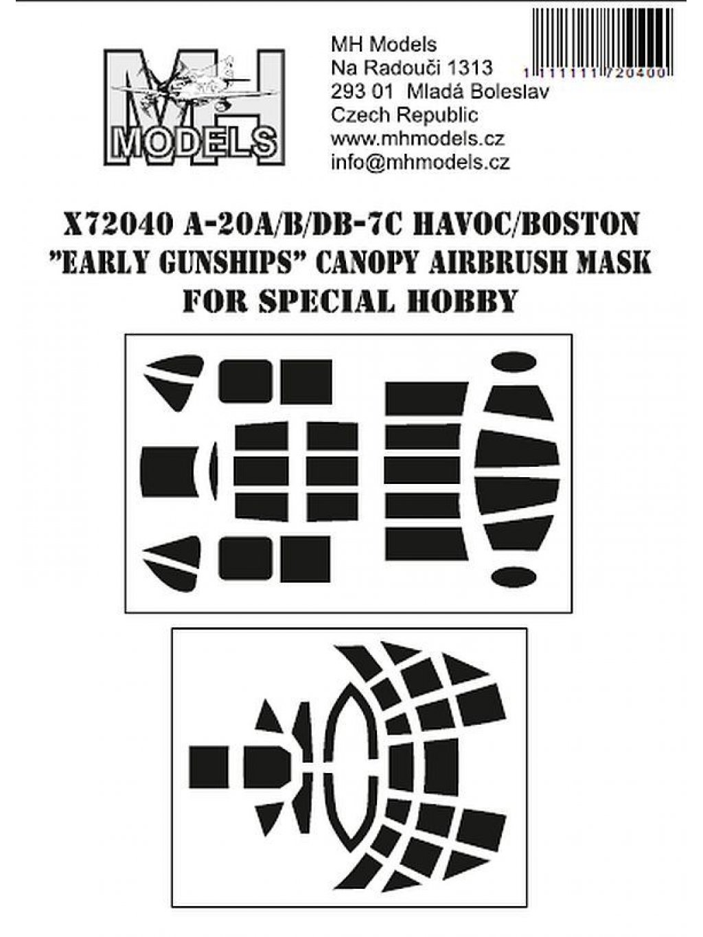 A-20A/B/DB-7C Havoc/Boston "Early Gunships" canopy airbrush mask for Special Hobby