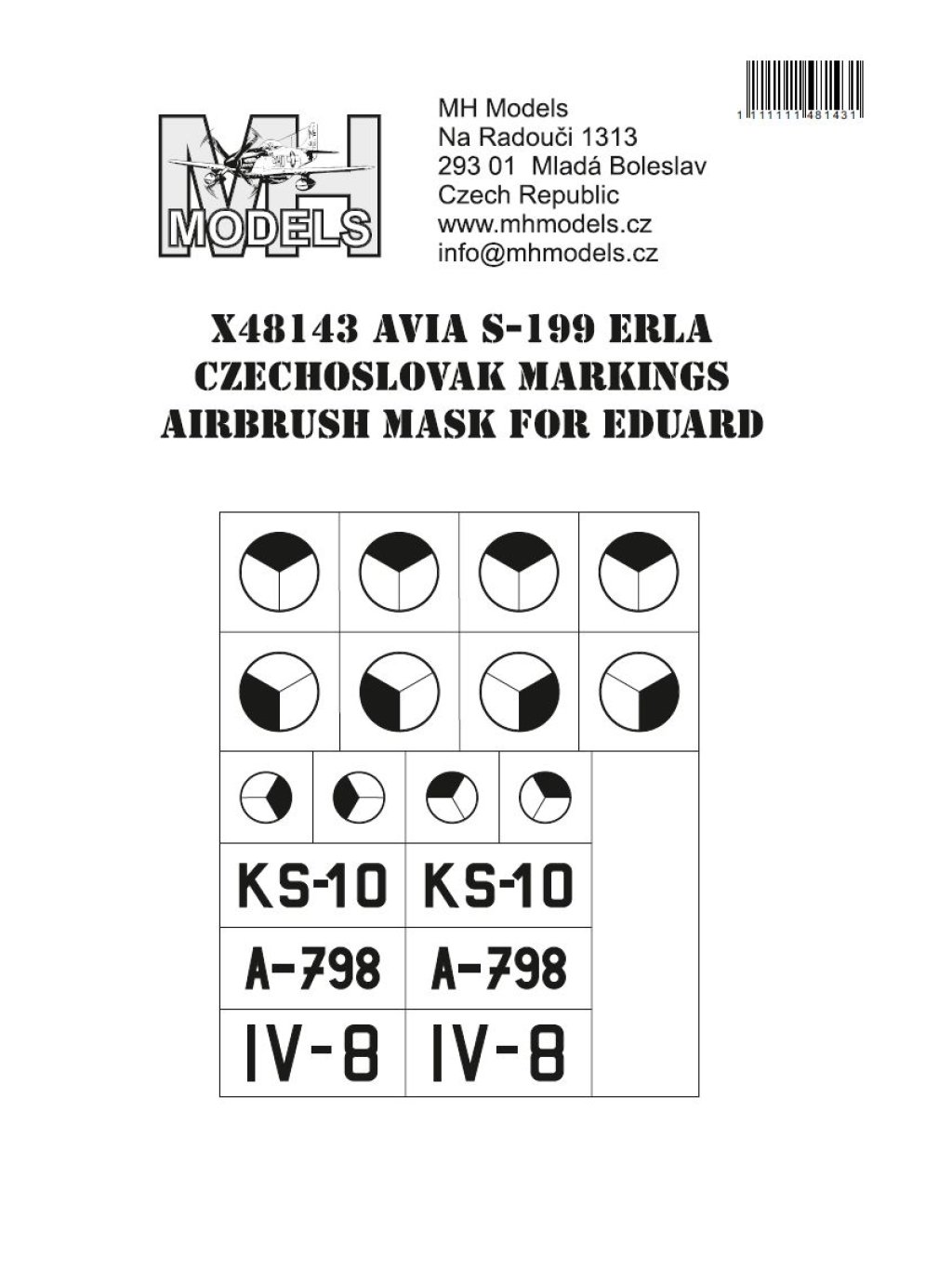 1:48 Avia S-199 Erla Czechoslovak markings airbrush mask for Eduard