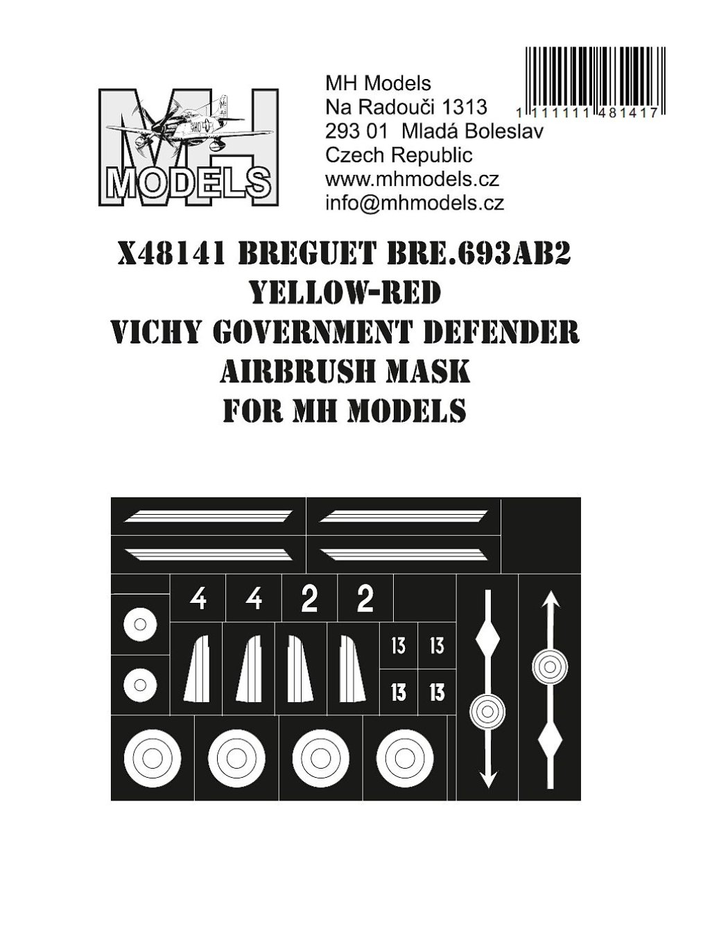 1:48 Breguet Bre.693AB2 Red-Yellow striped Vichy Government defender airbrush mask for MH Models
