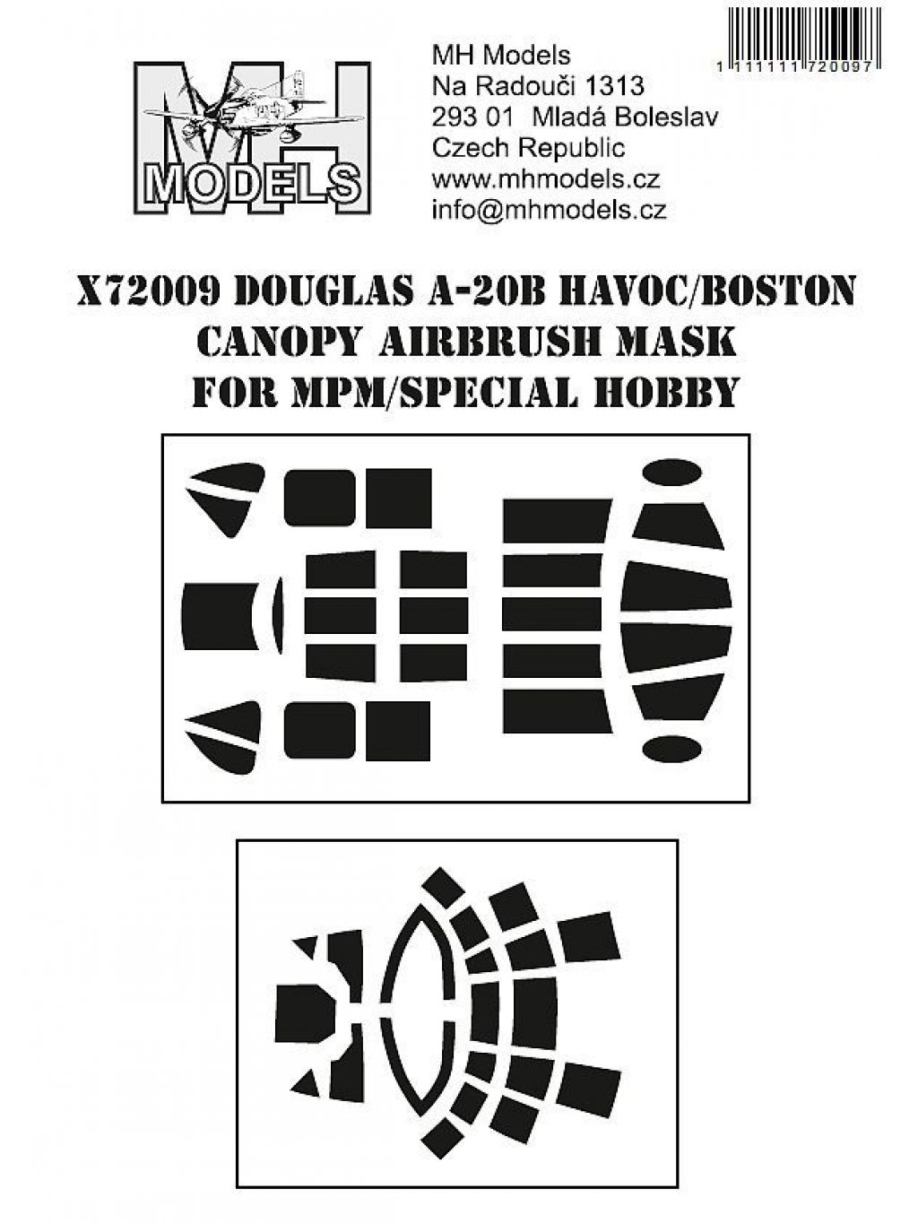 Douglas A-20B Havoc/Boston canopy airbrush mask for MPM/Special Hobby