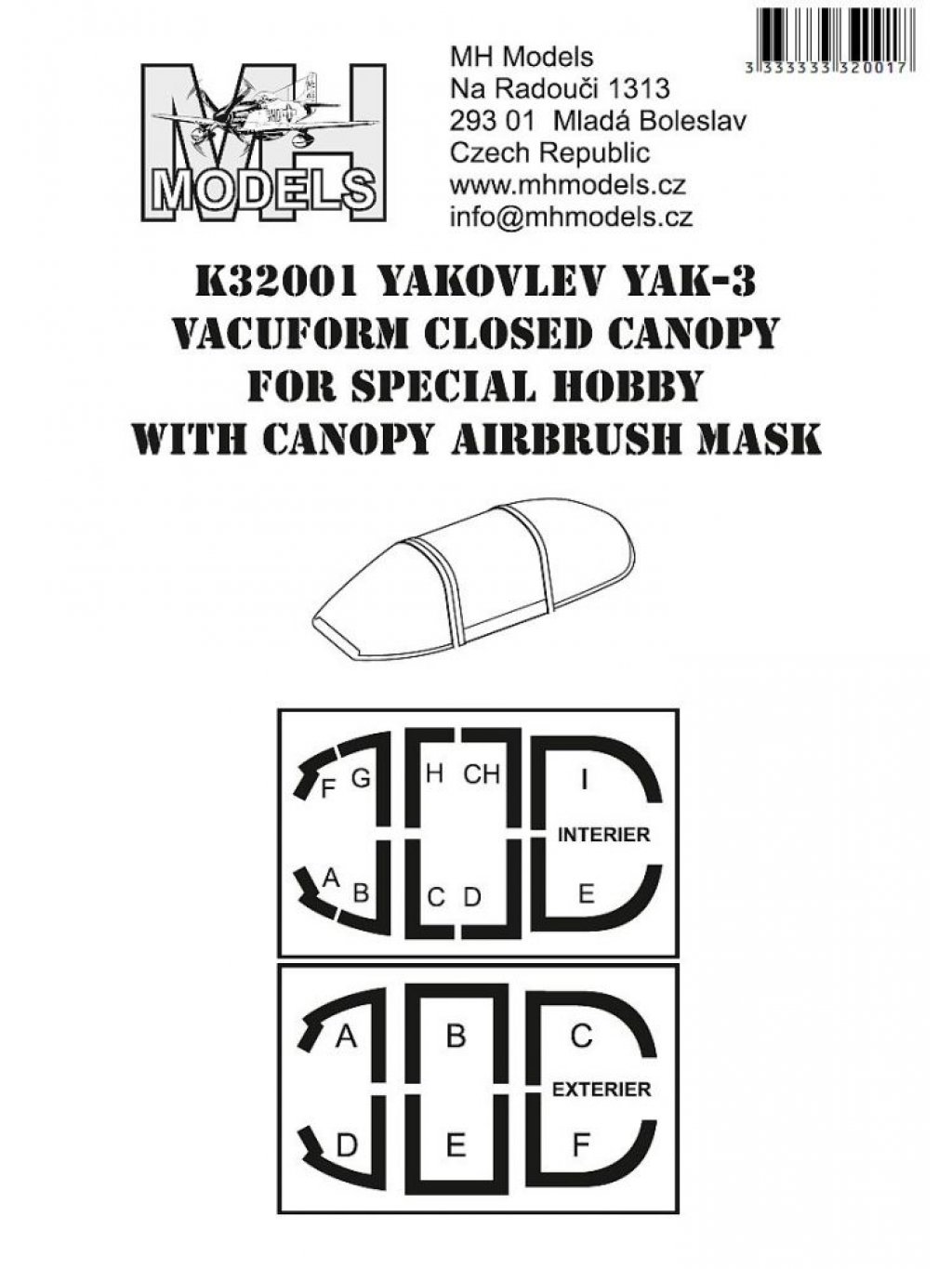 Yakovlev Yak-3 vacuform closed canopy for Special Hobby with canopy airbrush mask