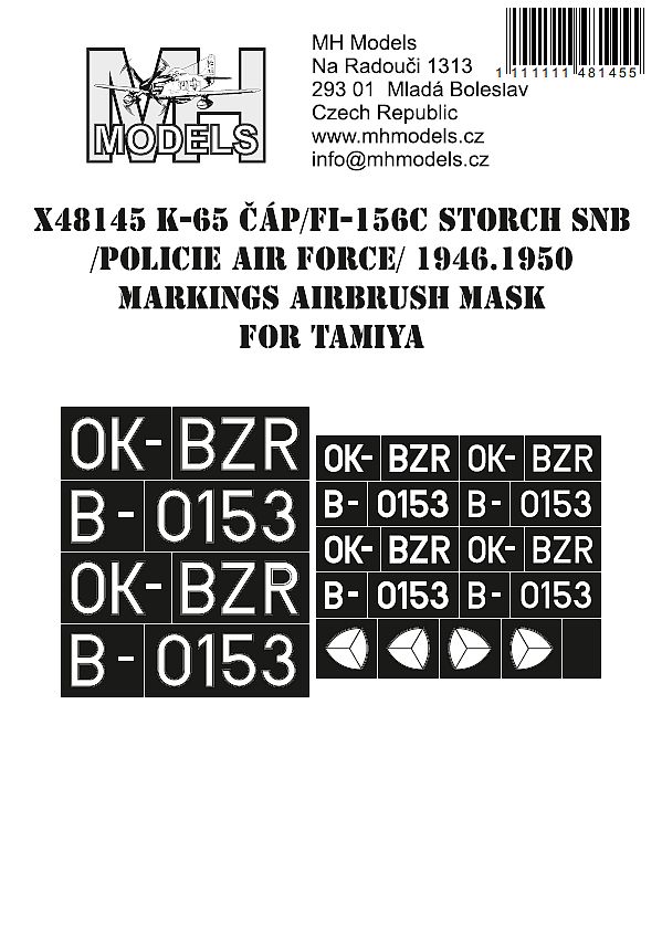 K-65 Čáp/Fi-156C Storch SNB (Police Air Force) 1946-1950 Markings Airbrush Mask for Tamiya
