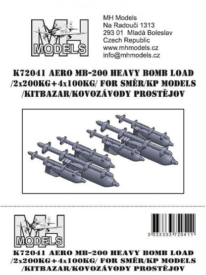 Aero MB-200 heavy bomb load (2x 200kg + 4x 100kg) for Směr/KP Models/Kitbazar/Kovozávody Prostějov