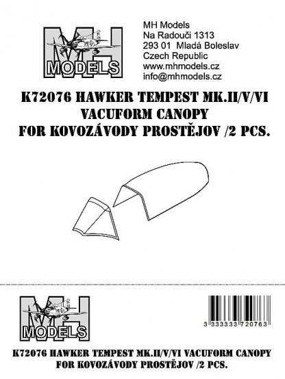 Hawker Tempest Mk.II/V/VI Vacuform canopy for Kovozávody Prostějov 2.pcs