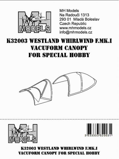 Westland Whirlwind F.Mk.I Vacuform canopy for Special Hobby
