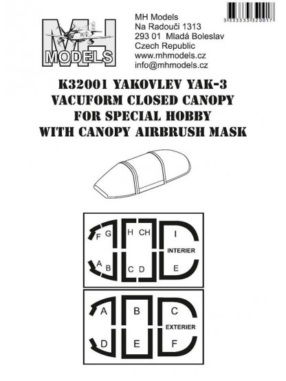 Yakovlev Yak-3 vacuform closed canopy for Special Hobby with canopy airbrush mask