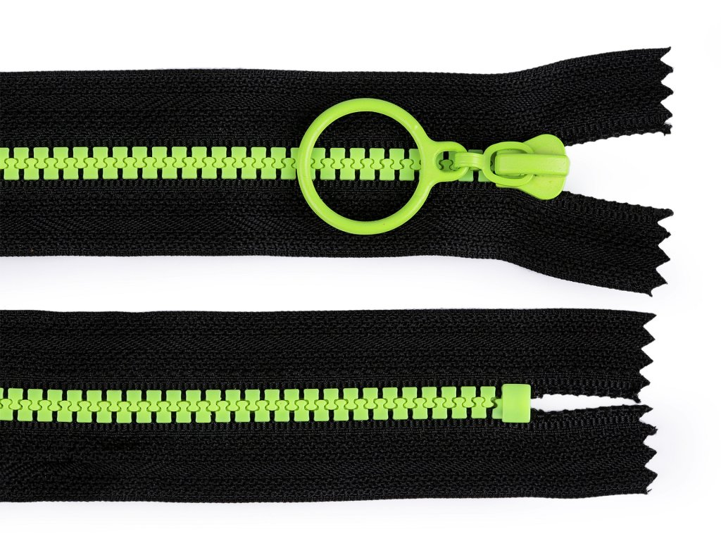 Kostěný zip barevný No 5 délka 15 cm s ozdobným jezdcem - černá/zelená
