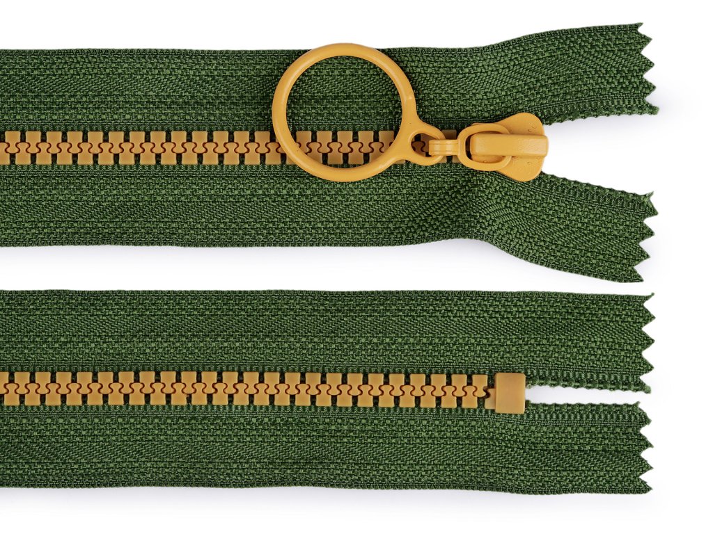 Kostěný zip barevný No 5 délka 15 cm s ozdobným jezdcem - khaki/okrová